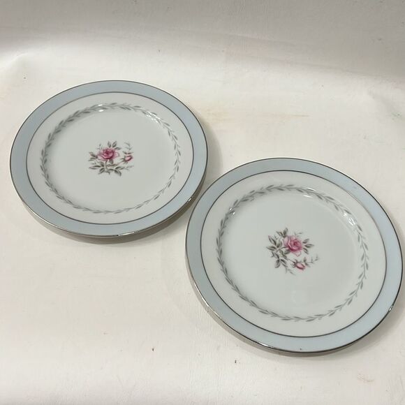 Regency White Blue Silver Pink Floral Dinnerware Set Of 2 Bread Plates Saucers - Picture 3 of 5
